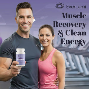 Man and woman holding a supplement bottle with 'EverLumi' branding, set against a gym background.