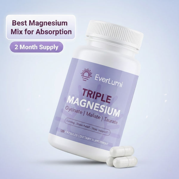 Bottle of EverLumi Triple Magnesium with its benefits.