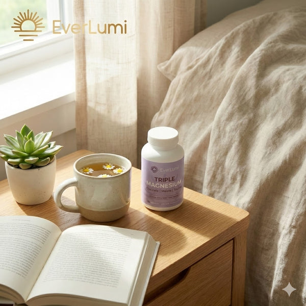 Everlumi Triple Magnesium sitting on a night stand by the edge of a bed.
